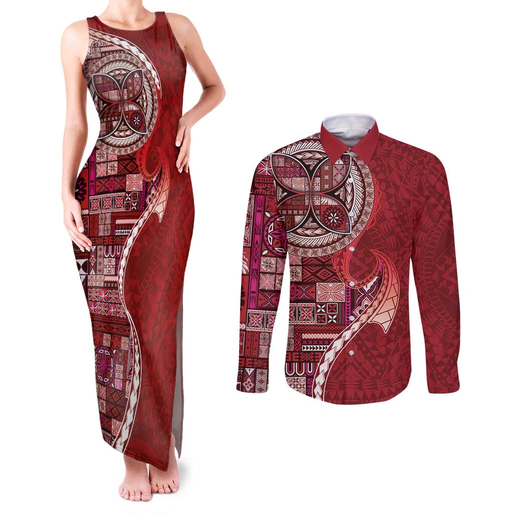 Samoan Siapo Art Tattoo Polynesian Pattern Couples Matching Tank Maxi Dress and Long Sleeve Button Shirt Red Color LT03 Red - Polynesian Pride