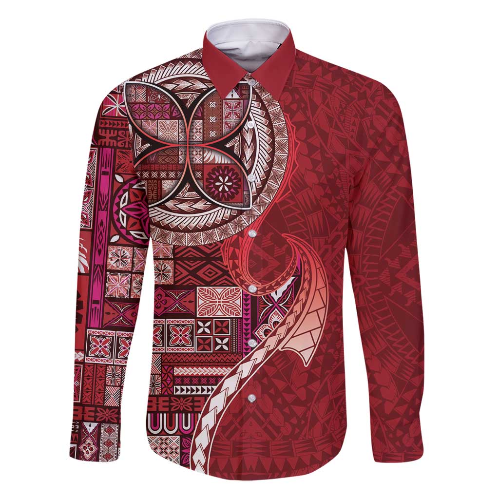 Samoan Siapo Art Tattoo Polynesian Pattern Family Matching Long Sleeve Bodycon Dress and Hawaiian Shirt Red Color - Polynesian Pride