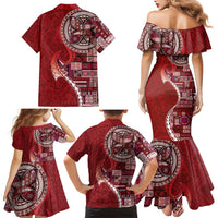 Samoan Siapo Art Tattoo Polynesian Pattern Family Matching Mermaid Dress and Hawaiian Shirt Red Color - Polynesian Pride