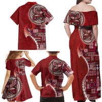 Samoan Siapo Art Tattoo Polynesian Pattern Family Matching Off Shoulder Maxi Dress and Hawaiian Shirt Red Color - Polynesian Pride