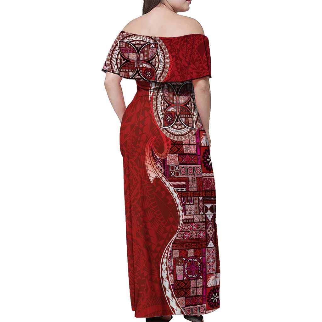 Samoan Siapo Art Tattoo Polynesian Pattern Family Matching Off Shoulder Maxi Dress and Hawaiian Shirt Red Color - Polynesian Pride