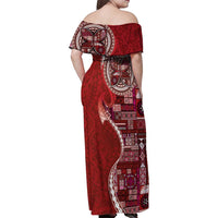 Samoan Siapo Art Tattoo Polynesian Pattern Family Matching Off Shoulder Maxi Dress and Hawaiian Shirt Red Color - Polynesian Pride