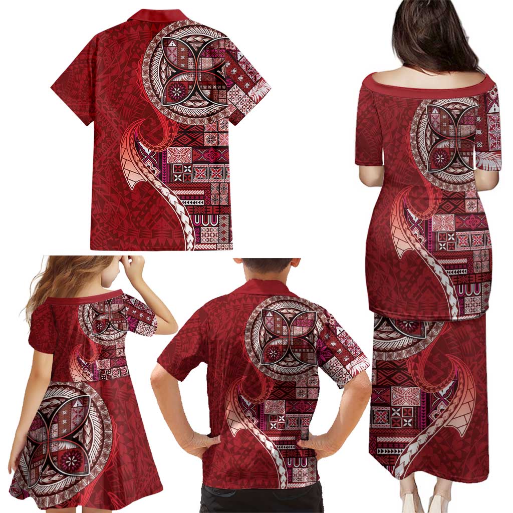 Samoan Siapo Art Tattoo Polynesian Pattern Family Matching Puletasi and Hawaiian Shirt Red Color - Polynesian Pride