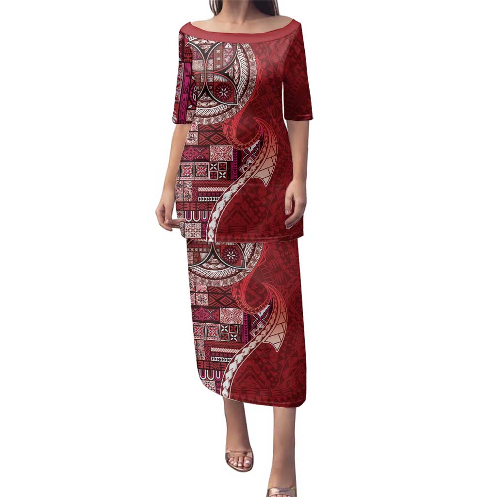 Samoan Siapo Art Tattoo Polynesian Pattern Family Matching Puletasi and Hawaiian Shirt Red Color - Polynesian Pride