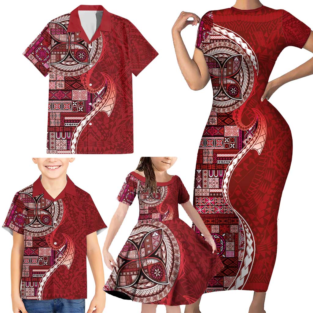 Samoan Siapo Art Tattoo Polynesian Pattern Family Matching Short Sleeve Bodycon Dress and Hawaiian Shirt Red Color - Polynesian Pride