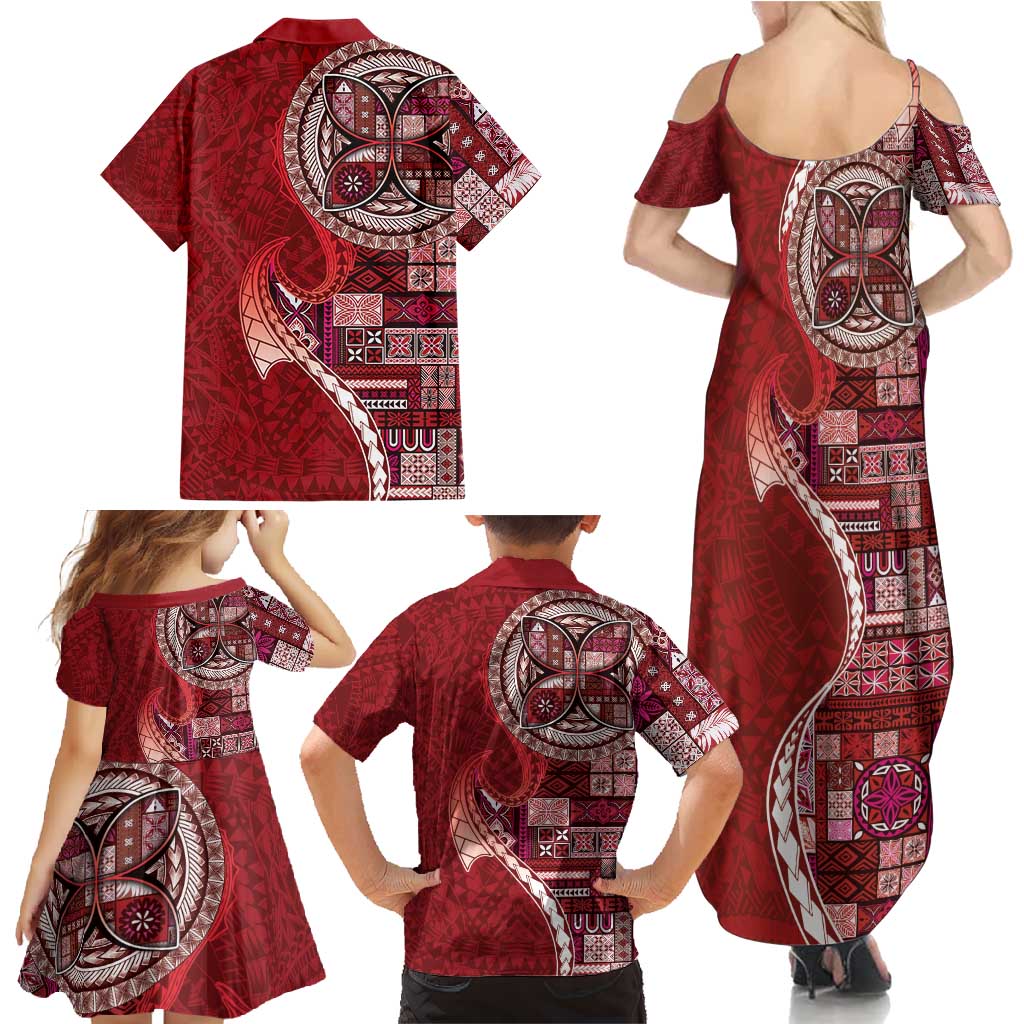 Samoan Siapo Art Tattoo Polynesian Pattern Family Matching Summer Maxi Dress and Hawaiian Shirt Red Color - Polynesian Pride
