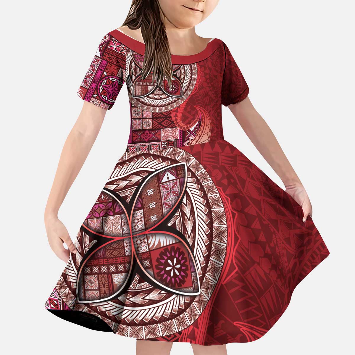 Samoan Siapo Art Tattoo Polynesian Pattern Kid Short Sleeve Dress Red Color - Polynesian Pride