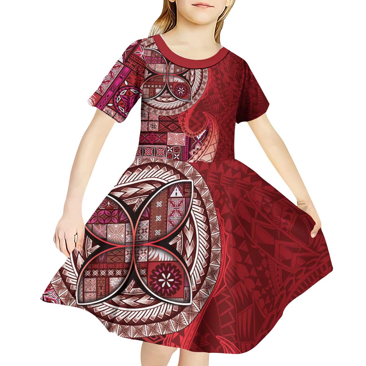 Samoan Siapo Art Tattoo Polynesian Pattern Kid Short Sleeve Dress Red Color - Polynesian Pride
