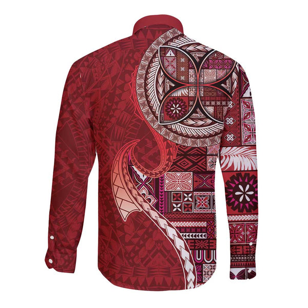 Samoan Siapo Art Tattoo Polynesian Pattern Long Sleeve Button Shirt Red ...