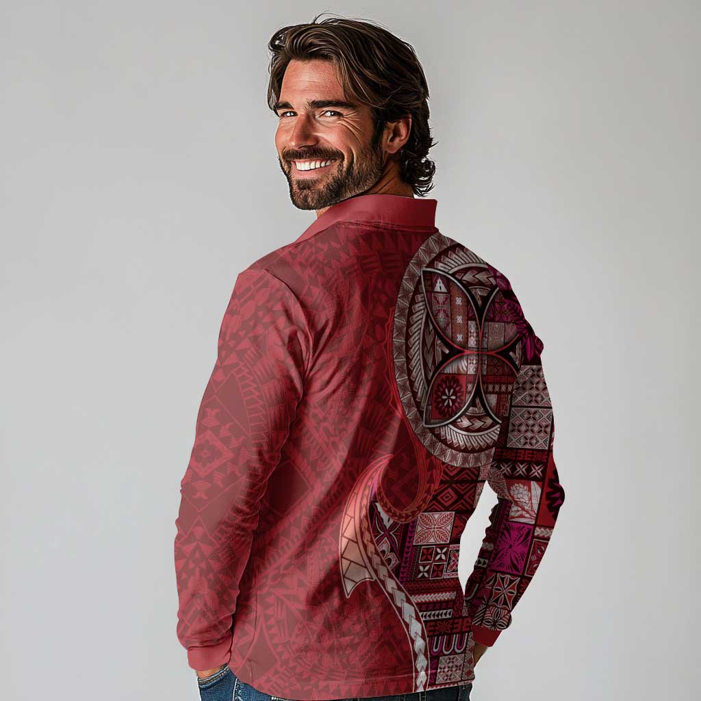 Samoan Siapo Art Tattoo Polynesian Pattern Long Sleeve Polo Shirt Red Color - Polynesian Pride