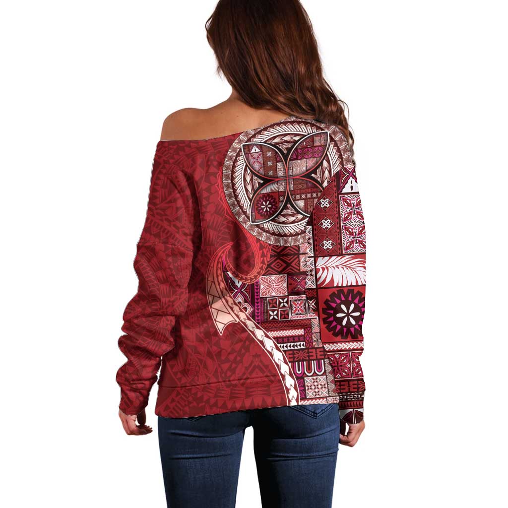 Samoan Siapo Art Tattoo Polynesian Pattern Off Shoulder Sweater Red Color - Polynesian Pride