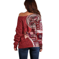 Samoan Siapo Art Tattoo Polynesian Pattern Off Shoulder Sweater Red Color - Polynesian Pride