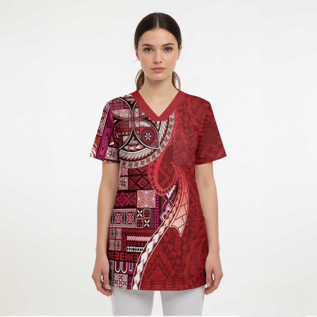Samoan Siapo Art Tattoo Polynesian Pattern Scrub Top Red Color - Polynesian Pride