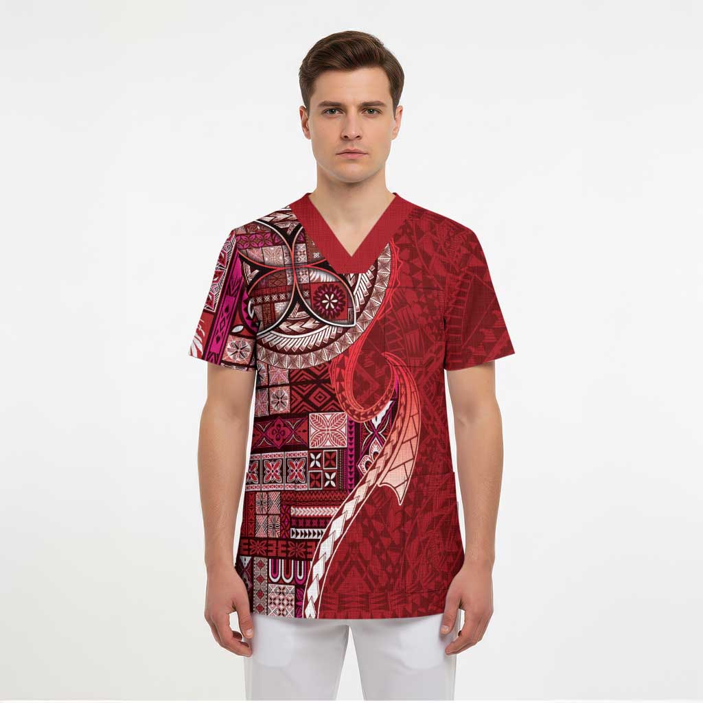 Samoan Siapo Art Tattoo Polynesian Pattern Scrub Top Red Color - Polynesian Pride