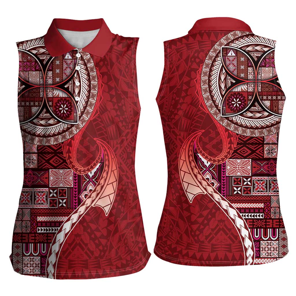 Samoan Siapo Art Tattoo Polynesian Pattern Women Sleeveless Polo Shirt Red Color LT03 - Polynesian Pride