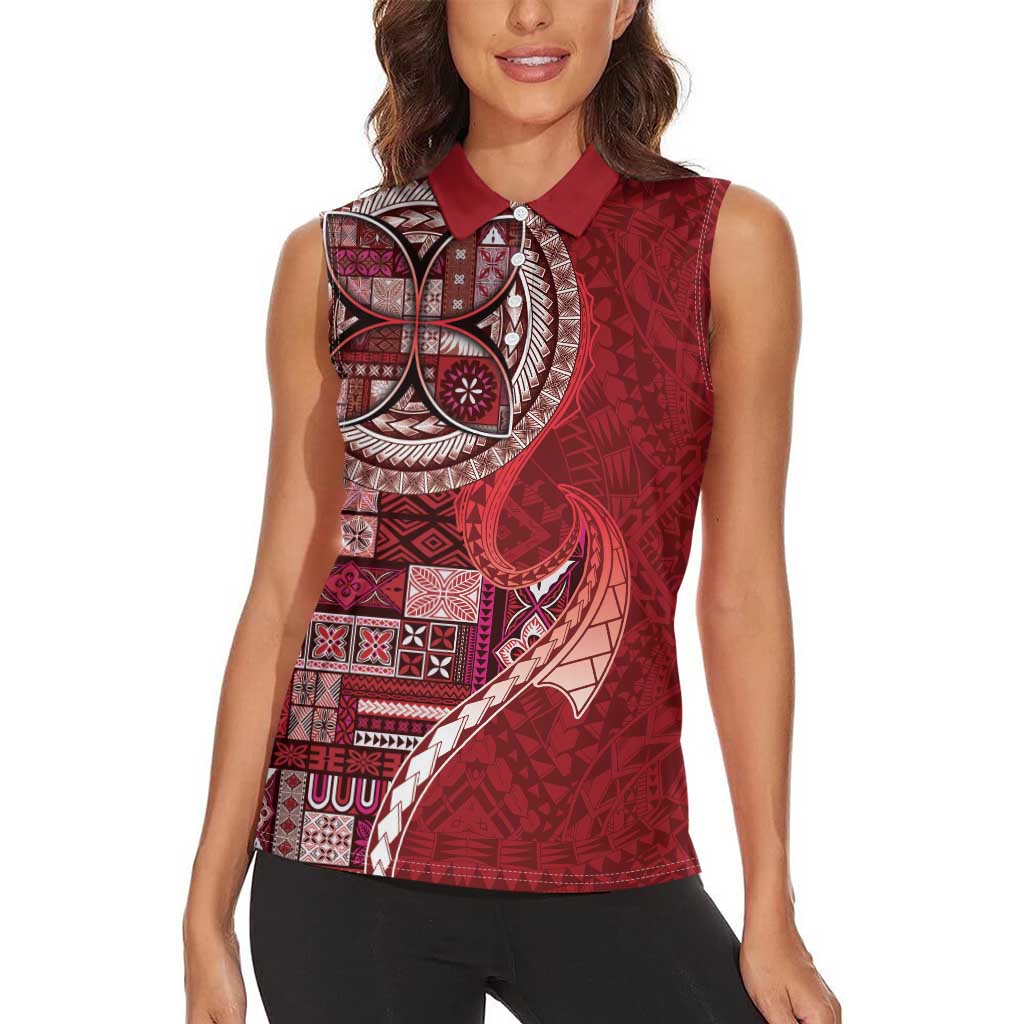 Samoan Siapo Art Tattoo Polynesian Pattern Women Sleeveless Polo Shirt Red Color LT03 - Polynesian Pride