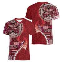 Samoan Siapo Art Tattoo Polynesian Pattern Women V-Neck T-Shirt Red Color - Polynesian Pride