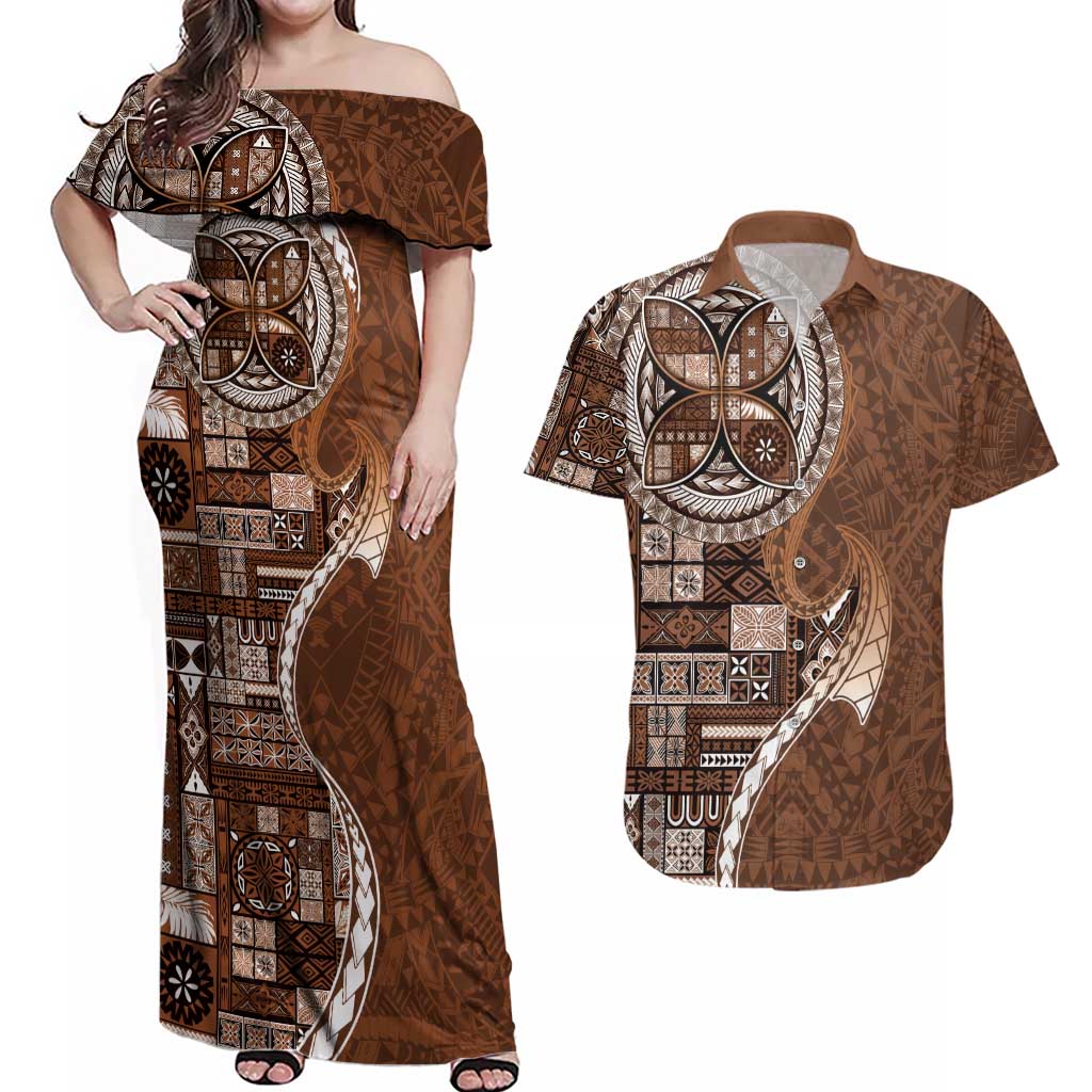 Samoan Siapo Art Tattoo Polynesian Pattern Couples Matching Off Shoulder Maxi Dress and Hawaiian Shirt Brown Color - Polynesian Pride