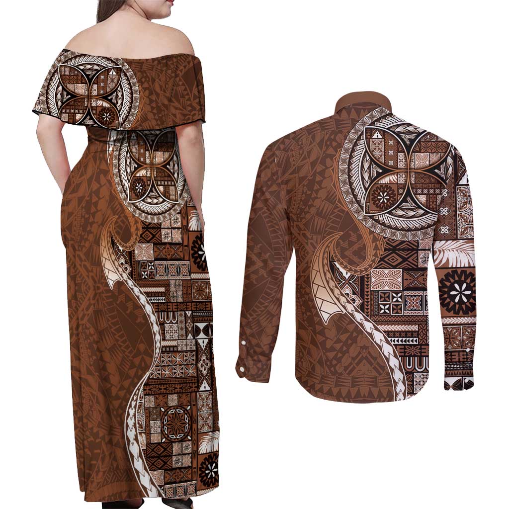 Samoan Siapo Art Tattoo Polynesian Pattern Couples Matching Off Shoulder Maxi Dress and Long Sleeve Button Shirt Brown Color - Polynesian Pride