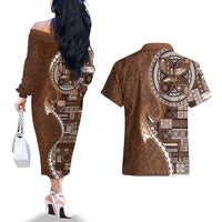 Samoan Siapo Art Tattoo Polynesian Pattern Couples Matching Off The Shoulder Long Sleeve Dress and Hawaiian Shirt Brown Color - Polynesian Pride