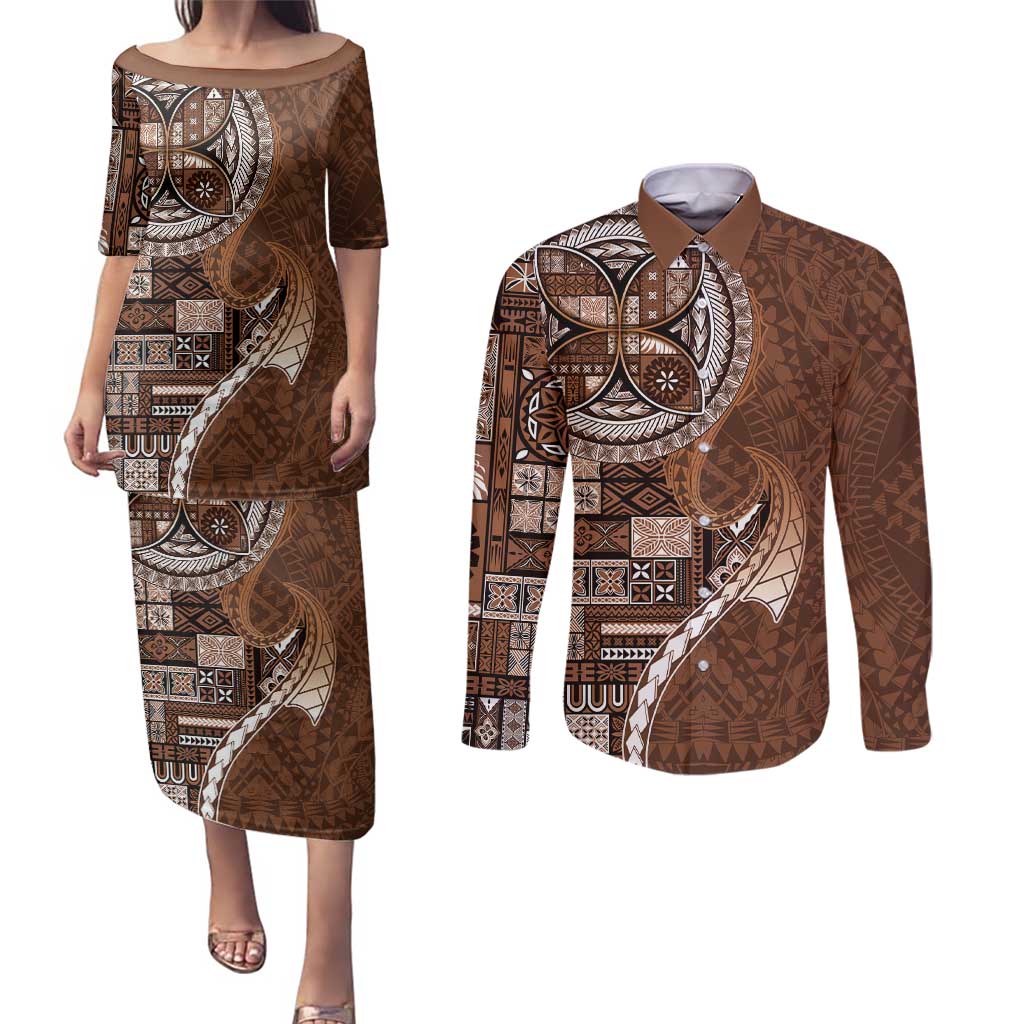 Samoan Siapo Art Tattoo Polynesian Pattern Couples Matching Puletasi and Long Sleeve Button Shirt Brown Color LT03 Brown - Polynesian Pride