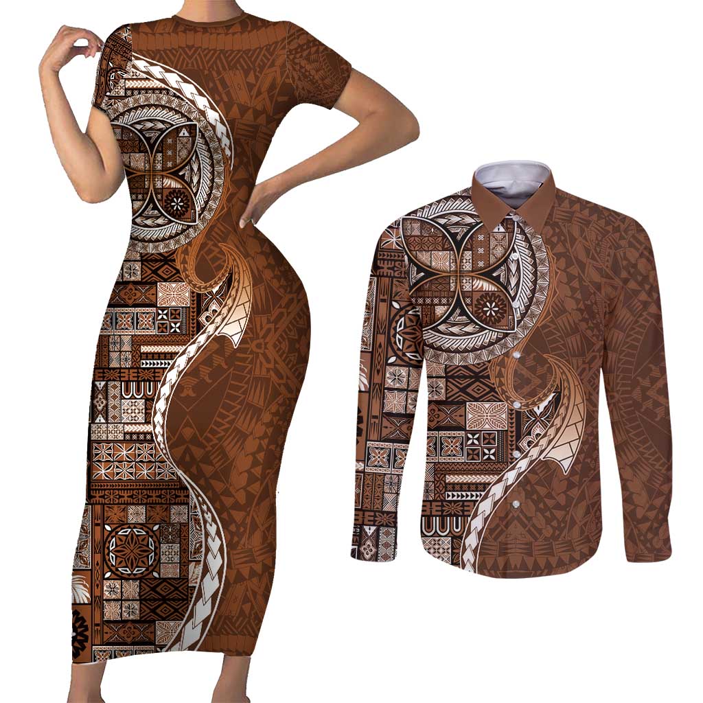 Samoan Siapo Art Tattoo Polynesian Pattern Couples Matching Short Sleeve Bodycon Dress and Long Sleeve Button Shirt Brown Color LT03 Brown - Polynesian Pride