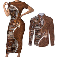 Samoan Siapo Art Tattoo Polynesian Pattern Couples Matching Short Sleeve Bodycon Dress and Long Sleeve Button Shirt Brown Color - Polynesian Pride