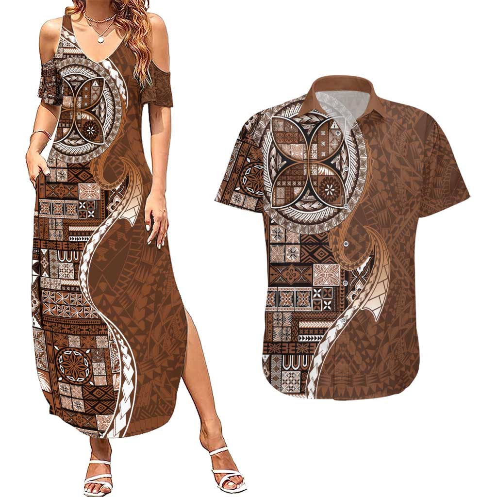 Samoan Siapo Art Tattoo Polynesian Pattern Couples Matching Summer Maxi Dress and Hawaiian Shirt Brown Color LT03 Brown - Polynesian Pride