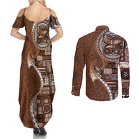 Samoan Siapo Art Tattoo Polynesian Pattern Couples Matching Summer Maxi Dress and Long Sleeve Button Shirt Brown Color - Polynesian Pride