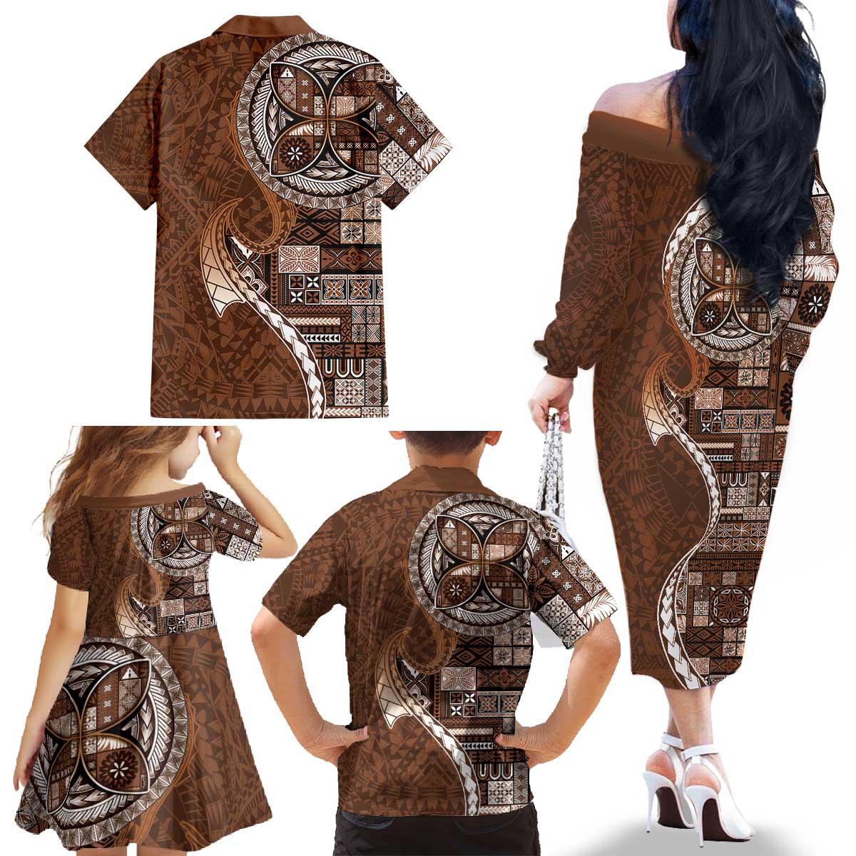 Samoan Siapo Art Tattoo Polynesian Pattern Family Matching Off The Shoulder Long Sleeve Dress and Hawaiian Shirt Brown Color - Polynesian Pride