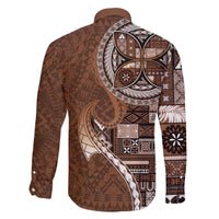 Samoan Siapo Art Tattoo Polynesian Pattern Family Matching Off The Shoulder Long Sleeve Dress and Hawaiian Shirt Brown Color - Polynesian Pride