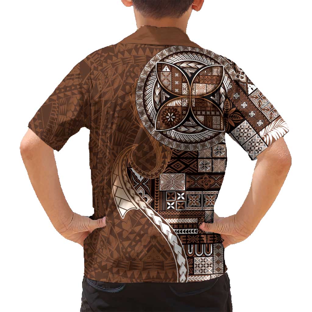 Samoan Siapo Art Tattoo Polynesian Pattern Family Matching Off Shoulder Maxi Dress and Hawaiian Shirt Brown Color - Polynesian Pride