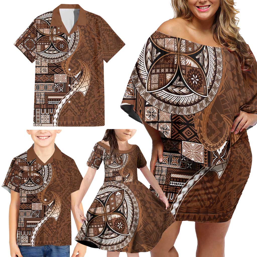 Samoan Siapo Art Tattoo Polynesian Pattern Family Matching Off Shoulder Short Dress and Hawaiian Shirt Brown Color - Polynesian Pride