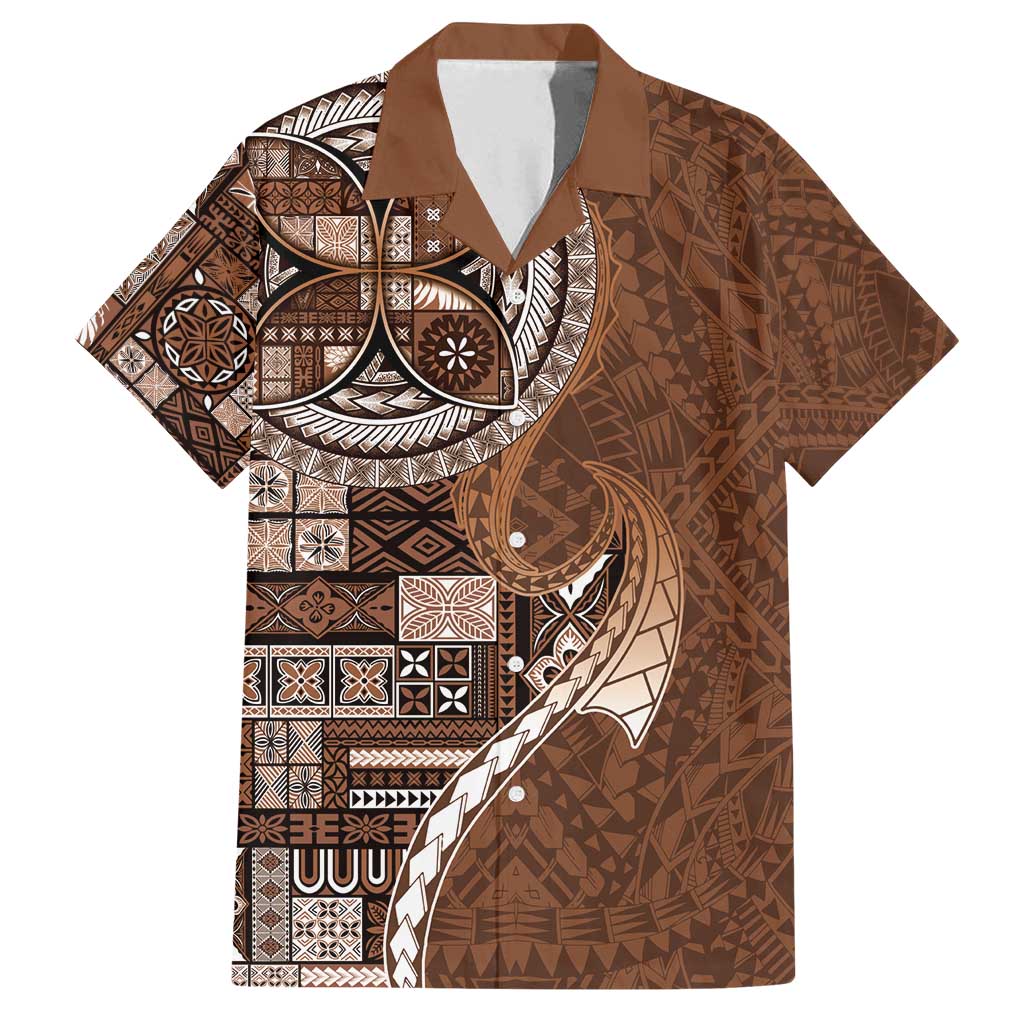Samoan Siapo Art Tattoo Polynesian Pattern Family Matching Off Shoulder Short Dress and Hawaiian Shirt Brown Color - Polynesian Pride