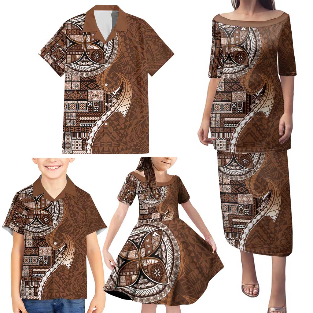 Samoan Siapo Art Tattoo Polynesian Pattern Family Matching Puletasi and Hawaiian Shirt Brown Color - Polynesian Pride