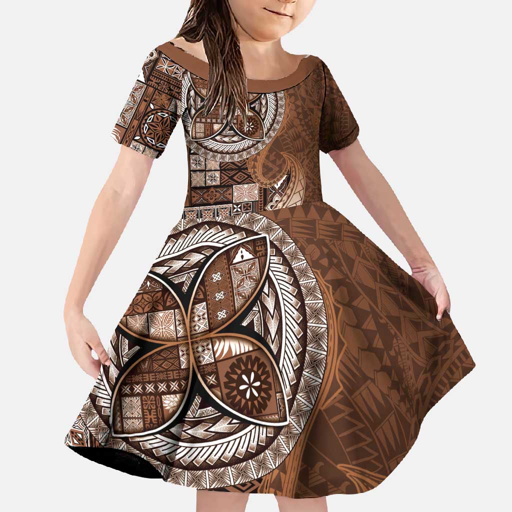 Samoan Siapo Art Tattoo Polynesian Pattern Family Matching Short Sleeve Bodycon Dress and Hawaiian Shirt Brown Color - Polynesian Pride