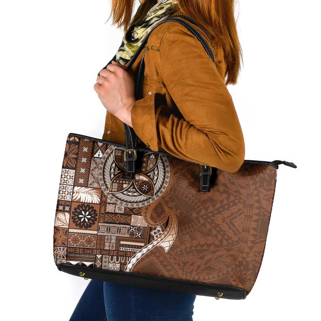 Samoan Siapo Art Tattoo Polynesian Pattern Leather Tote Bag Brown Color LT03 Brown - Polynesian Pride