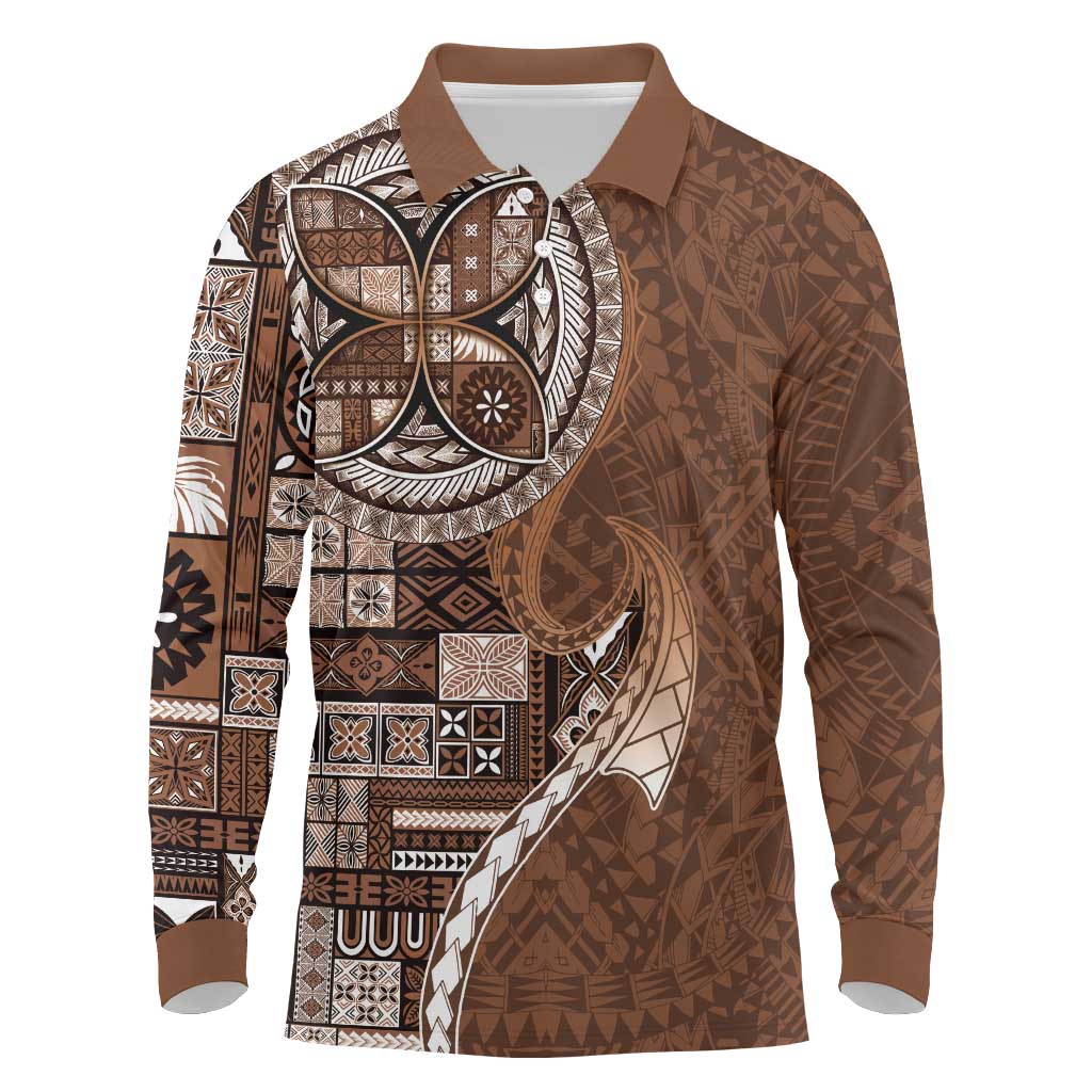 Samoan Siapo Art Tattoo Polynesian Pattern Long Sleeve Polo Shirt Brown Color LT03 Brown - Polynesian Pride