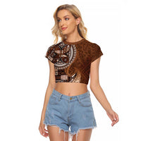 Samoan Siapo Art Tattoo Polynesian Pattern Raglan Cropped T Shirt Brown Color - Polynesian Pride