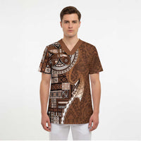 Samoan Siapo Art Tattoo Polynesian Pattern Scrub Top Brown Color - Polynesian Pride