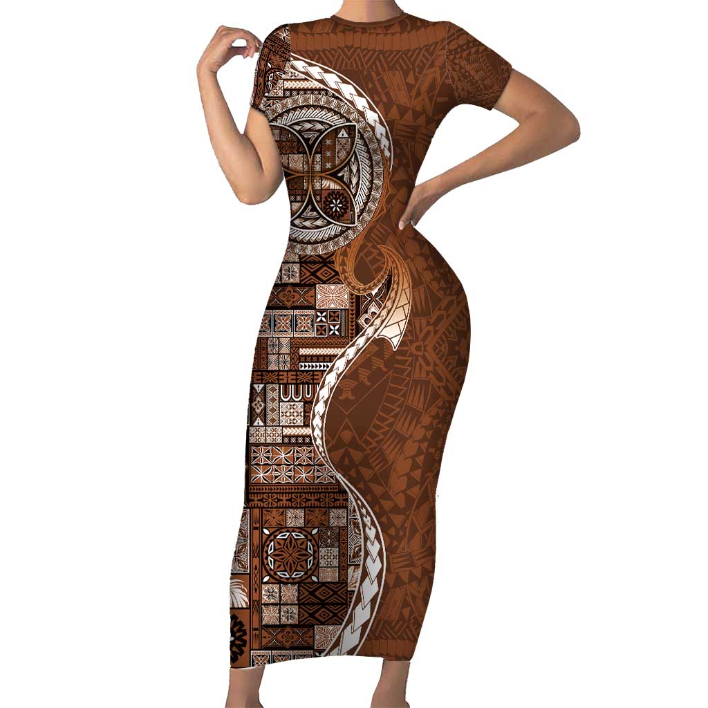 Samoan Siapo Art Tattoo Polynesian Pattern Short Sleeve Bodycon Dress Brown Color - Polynesian Pride