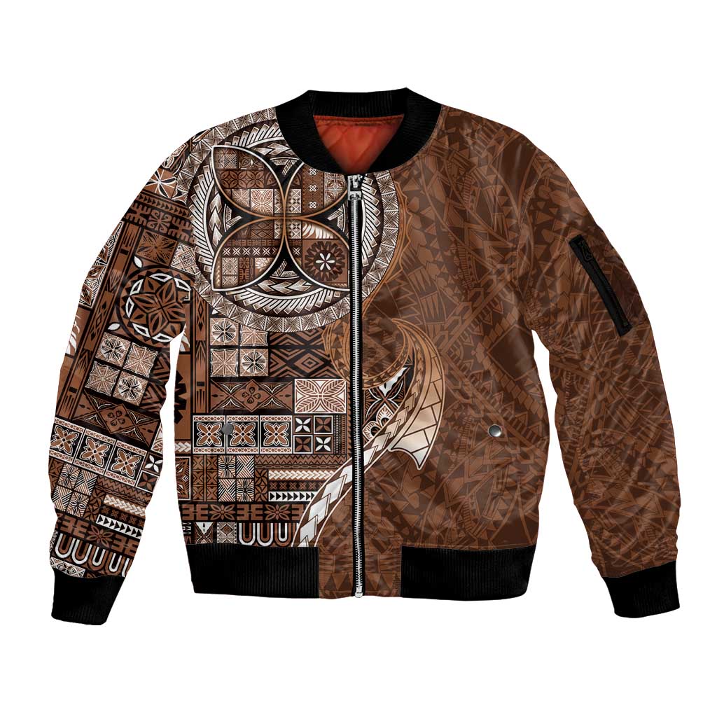 Samoan Siapo Art Tattoo Polynesian Pattern Sleeve Zip Bomber Jacket Brown Color LT03 Unisex Brown - Polynesian Pride