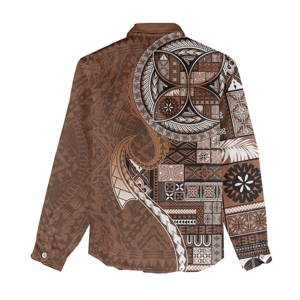Samoan Siapo Art Tattoo Polynesian Pattern Women Casual Shirt Brown Color - Polynesian Pride