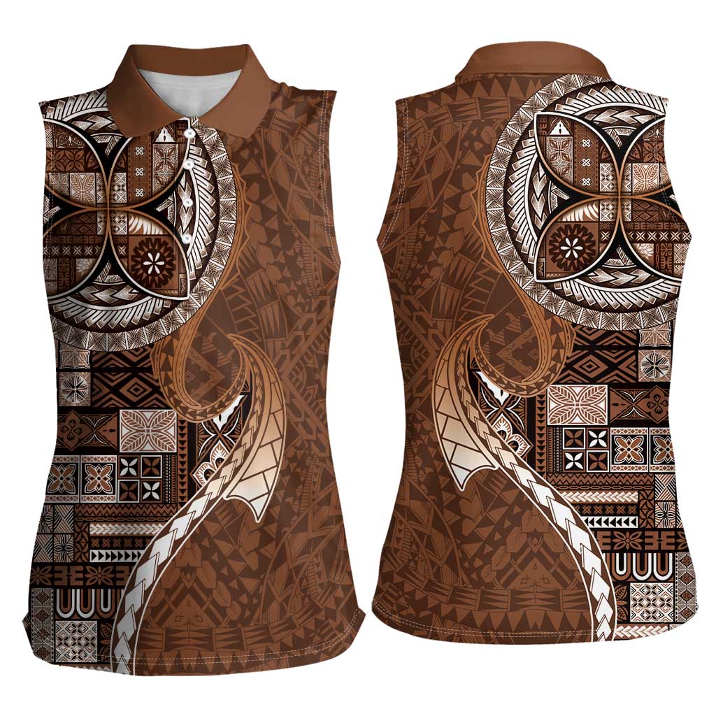 Samoan Siapo Art Tattoo Polynesian Pattern Women Sleeveless Polo Shirt Brown Color - Polynesian Pride