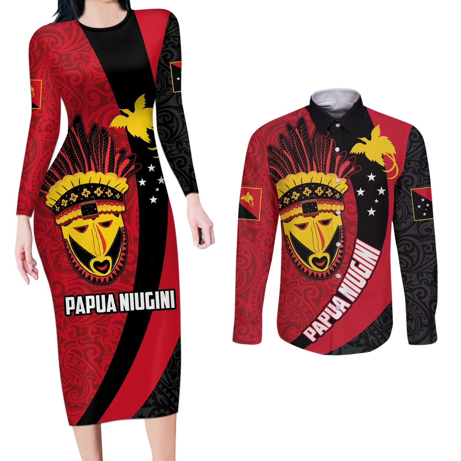Papua New Guinea Mask Festival Couples Matching Long Sleeve Bodycon Dress and Long Sleeve Button Shirt Papua Niugini Tribe Mask Melanesian Pattern LT03 Red - Polynesian Pride