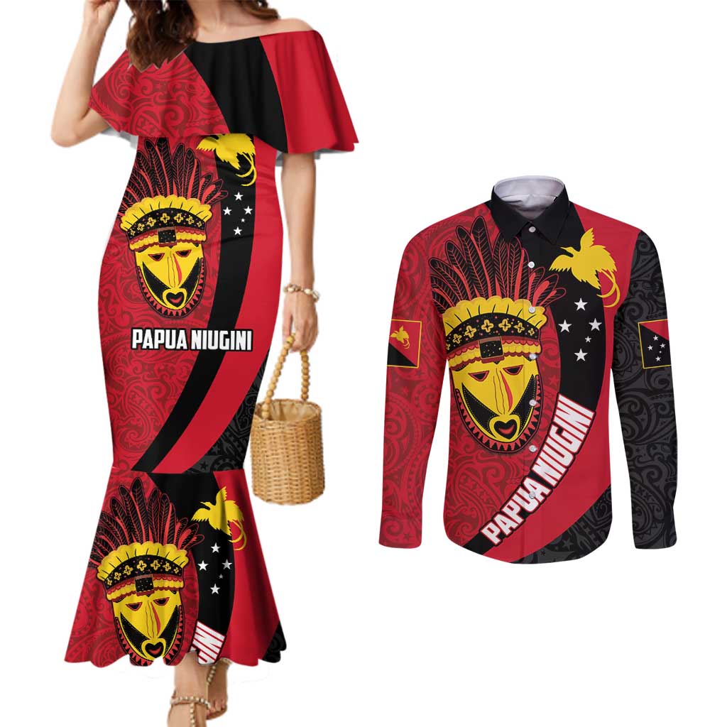 Papua New Guinea Mask Festival Couples Matching Mermaid Dress and Long Sleeve Button Shirt Papua Niugini Tribe Mask Melanesian Pattern LT03 Red - Polynesian Pride