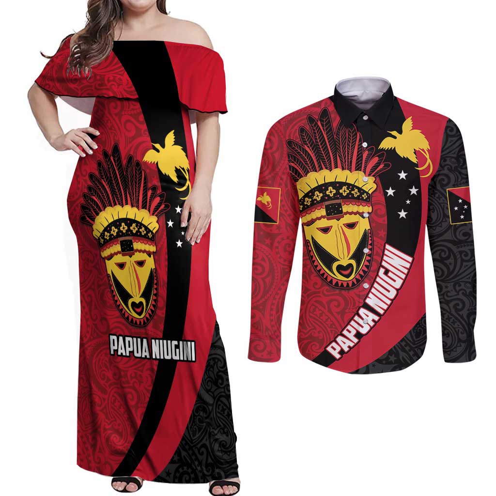 Papua New Guinea Mask Festival Couples Matching Off Shoulder Maxi Dress and Long Sleeve Button Shirt Papua Niugini Tribe Mask Melanesian Pattern LT03 Red - Polynesian Pride
