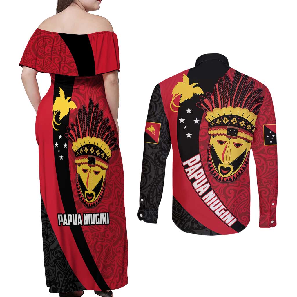 Papua New Guinea Mask Festival Couples Matching Off Shoulder Maxi Dress and Long Sleeve Button Shirt Papua Niugini Tribe Mask Melanesian Pattern