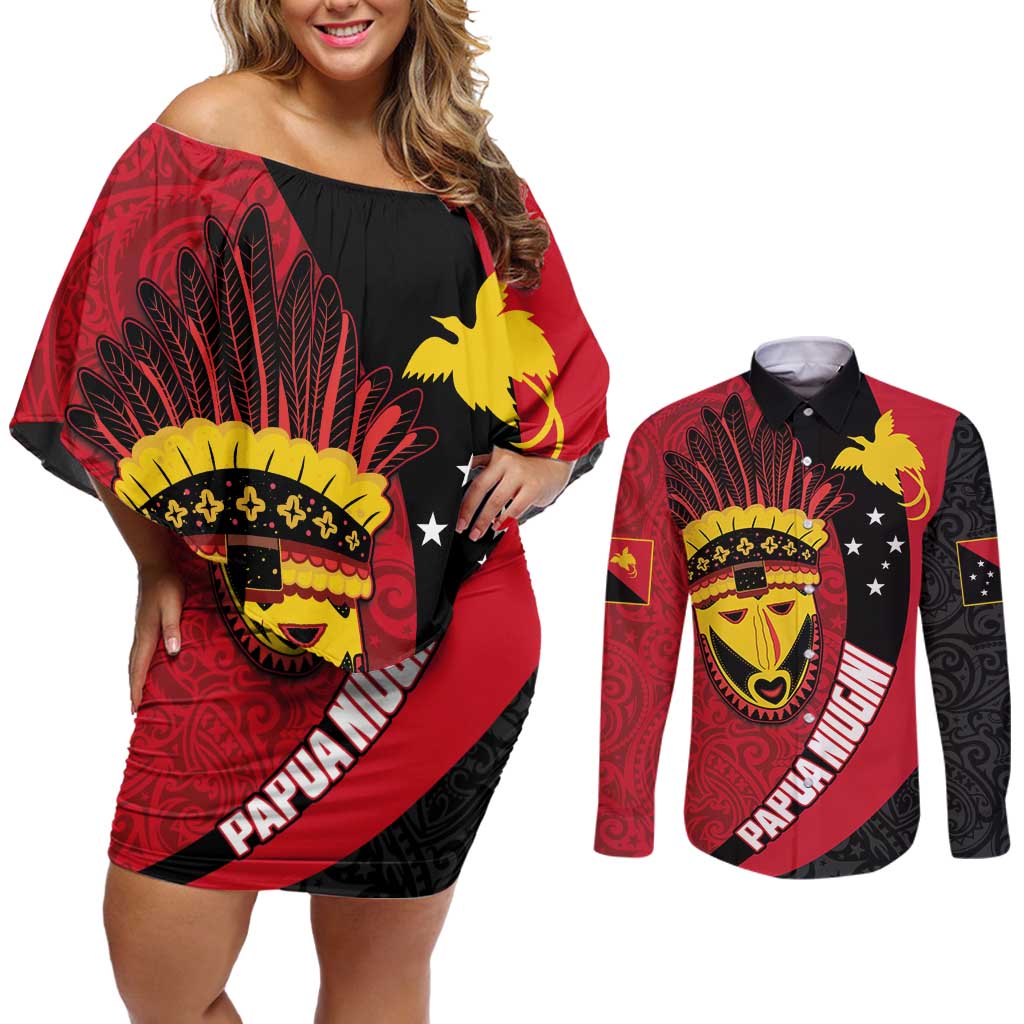 Papua New Guinea Mask Festival Couples Matching Off Shoulder Short Dress and Long Sleeve Button Shirt Papua Niugini Tribe Mask Melanesian Pattern LT03 Red - Polynesian Pride