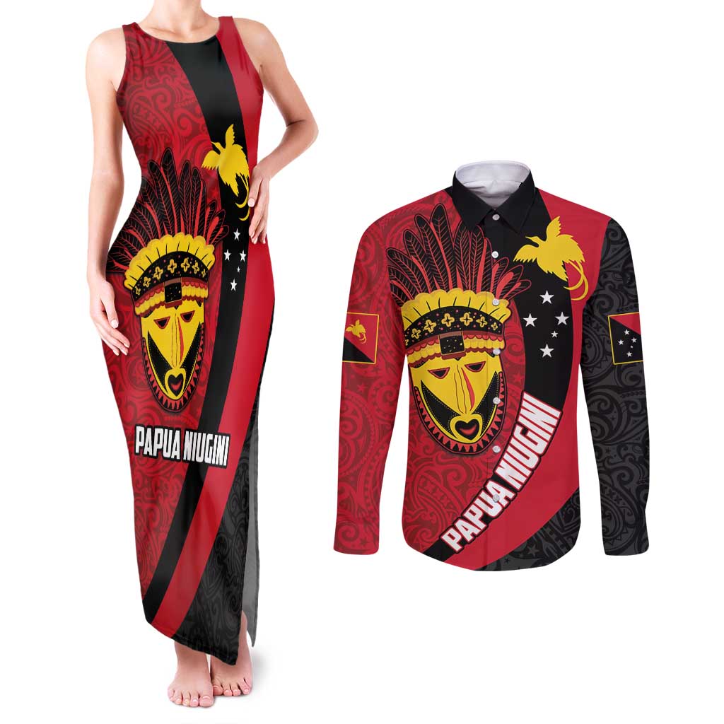 Papua New Guinea Mask Festival Couples Matching Tank Maxi Dress and Long Sleeve Button Shirt Papua Niugini Tribe Mask Melanesian Pattern LT03 Red - Polynesian Pride